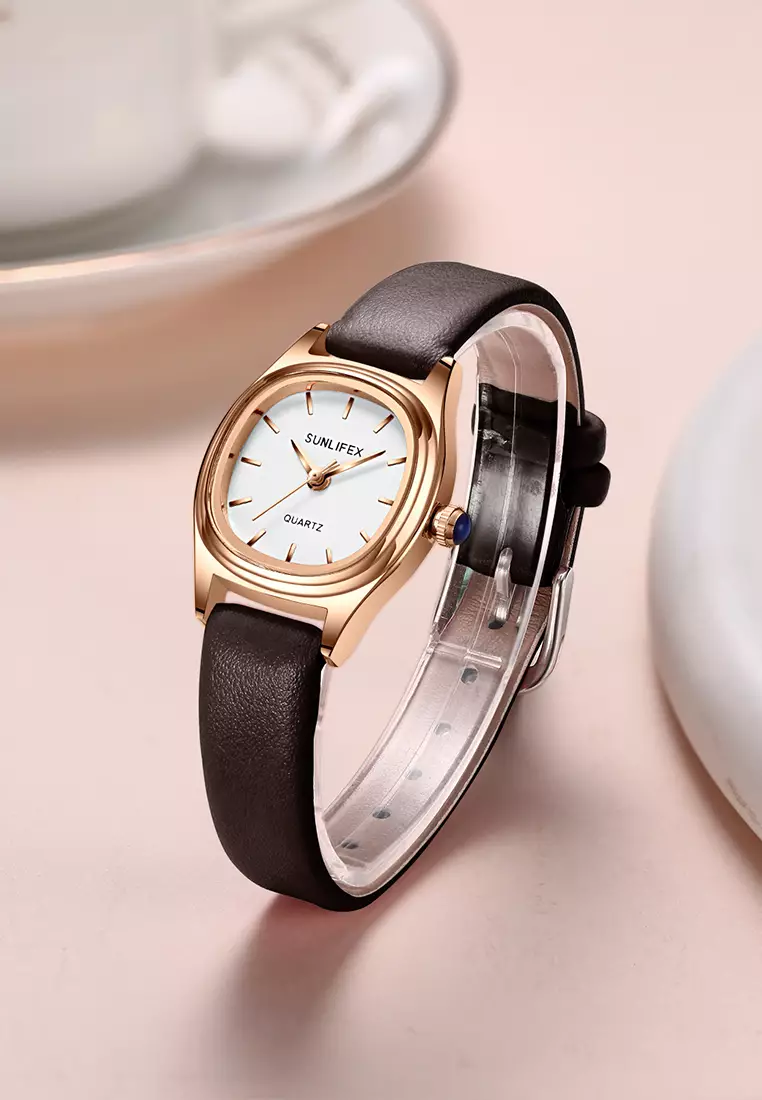 Jam Tangan Wantia Casual Fashion Dial Kotak Analog Quartz Strap  Leather Jam Tangan Cewek coffee