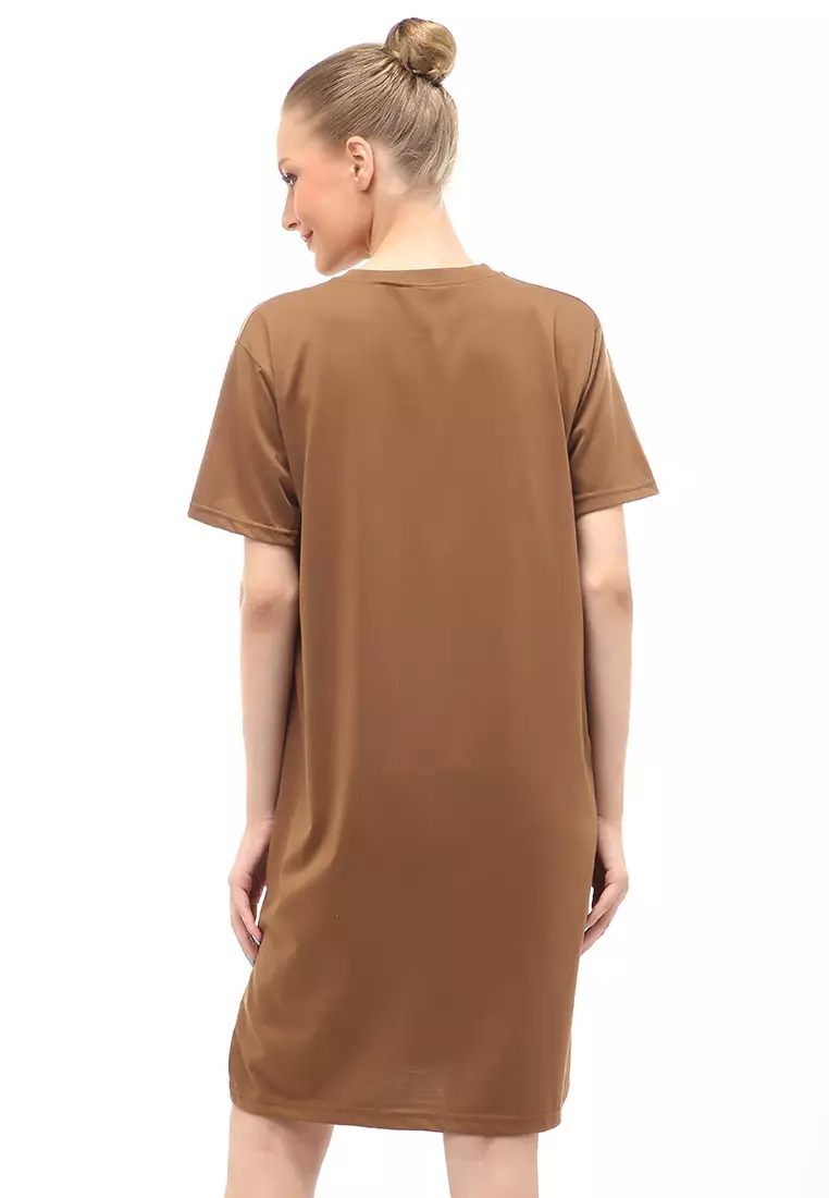 Finch Midi Dress Wanita Short Sleeves Motif Polos - Mocca