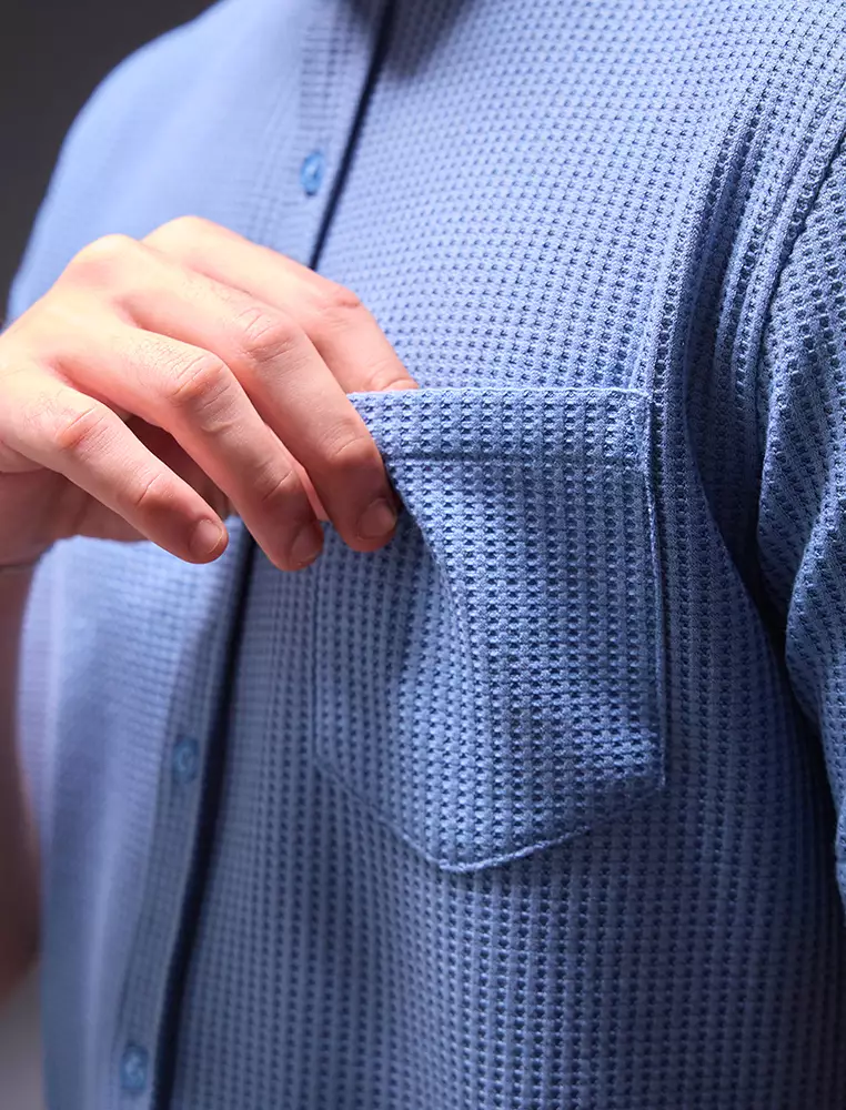 OXCON kemeja Tangan Pendek Waffle Kerah Collarless Denim Blue