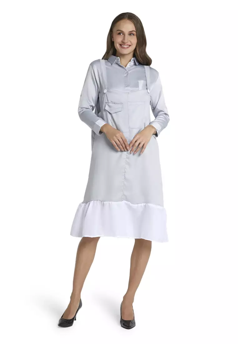Gaynelle Overall Moscrepe Aiko Motif Solid Mini Dress Wanita Design Simple - Abu Muda