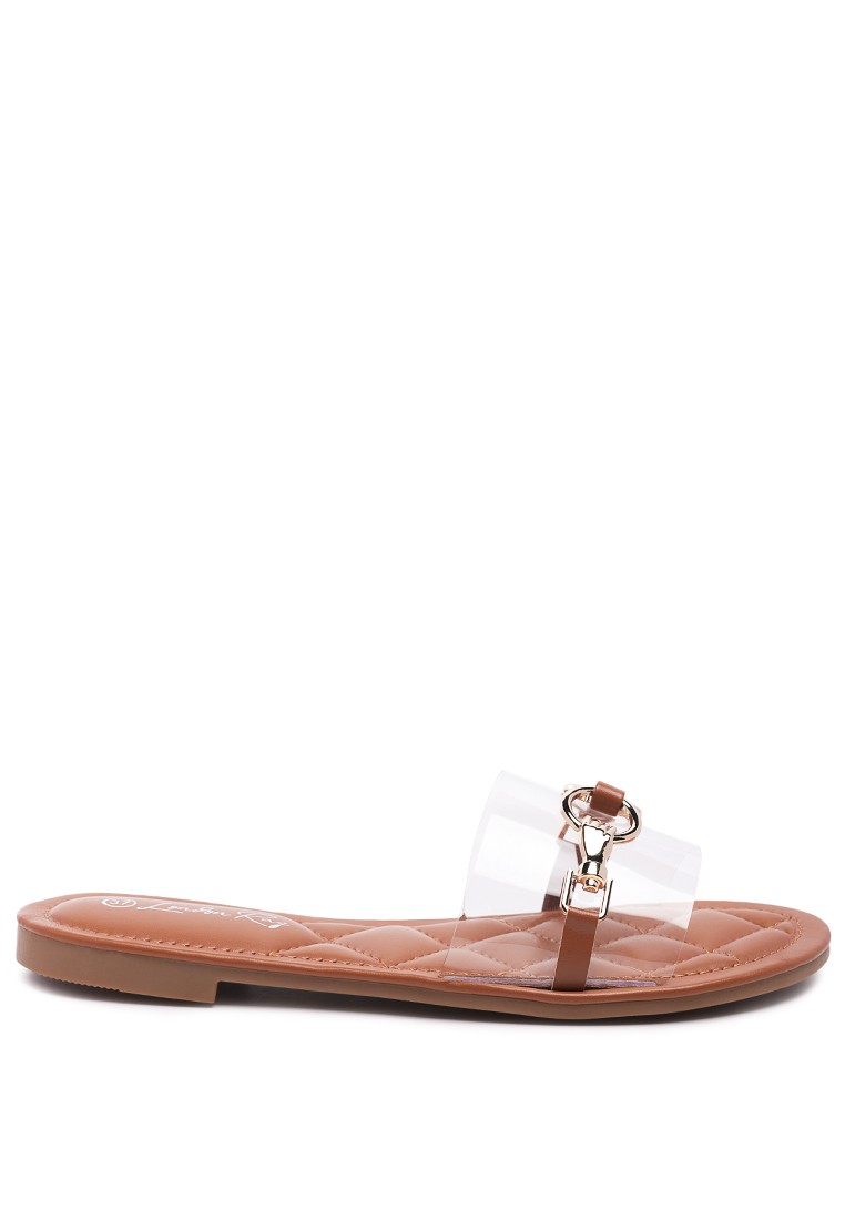 Clear Buckled Quilted Slides in Tan
