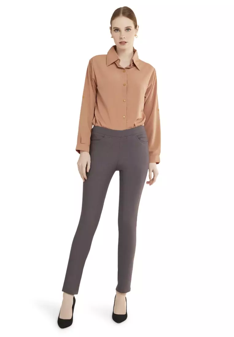 Skinny Pants Celana Panjang Polos Rubbery Waist Bawahan Wanita - Dark Grey
