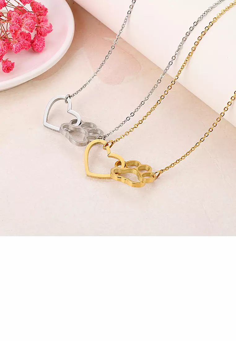 Simple and Creative Plated Gold Hollow Heart-shaped Cat Claw 316L Stainless Steel Necklace
