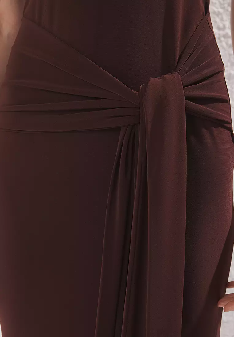 Brown Belt Detail Halter Neck Bodycone/Fits Body Stretch Maxi Knit Dress TWOSS25EL00689