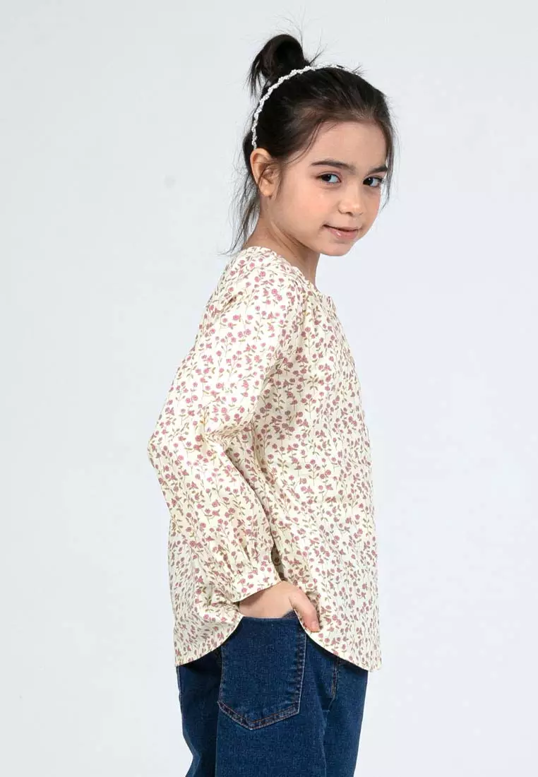 Forest Kids Girls Floral Pattern Cotton Button Blouse Woven Long Sleeve Top - FK820084-66LtYellow