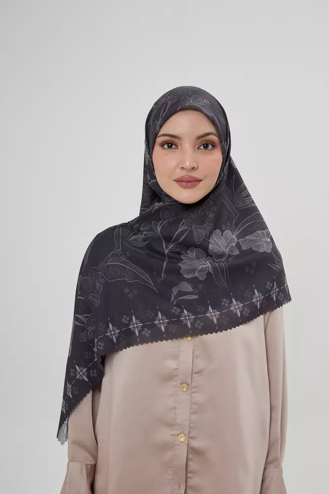 MFMW Twilight Scarf - Kerudung Segi Empat Premium Motif Bunga - Charcoal