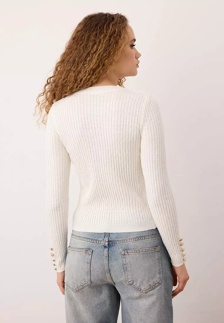 Ecru-Burgundy Crew Neck Hair Knit Double Knitwear Sweater