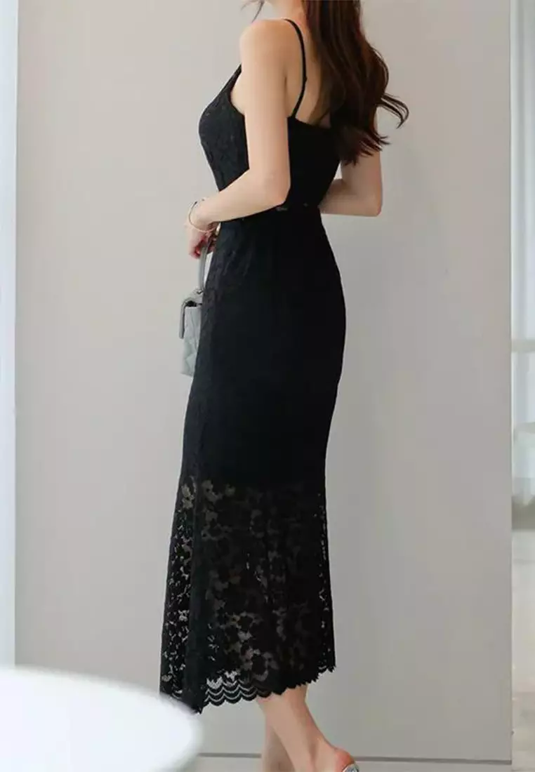Buy Sunnydaysweety French Style Black Hollow Lace Strap Dress CA100568 ...
