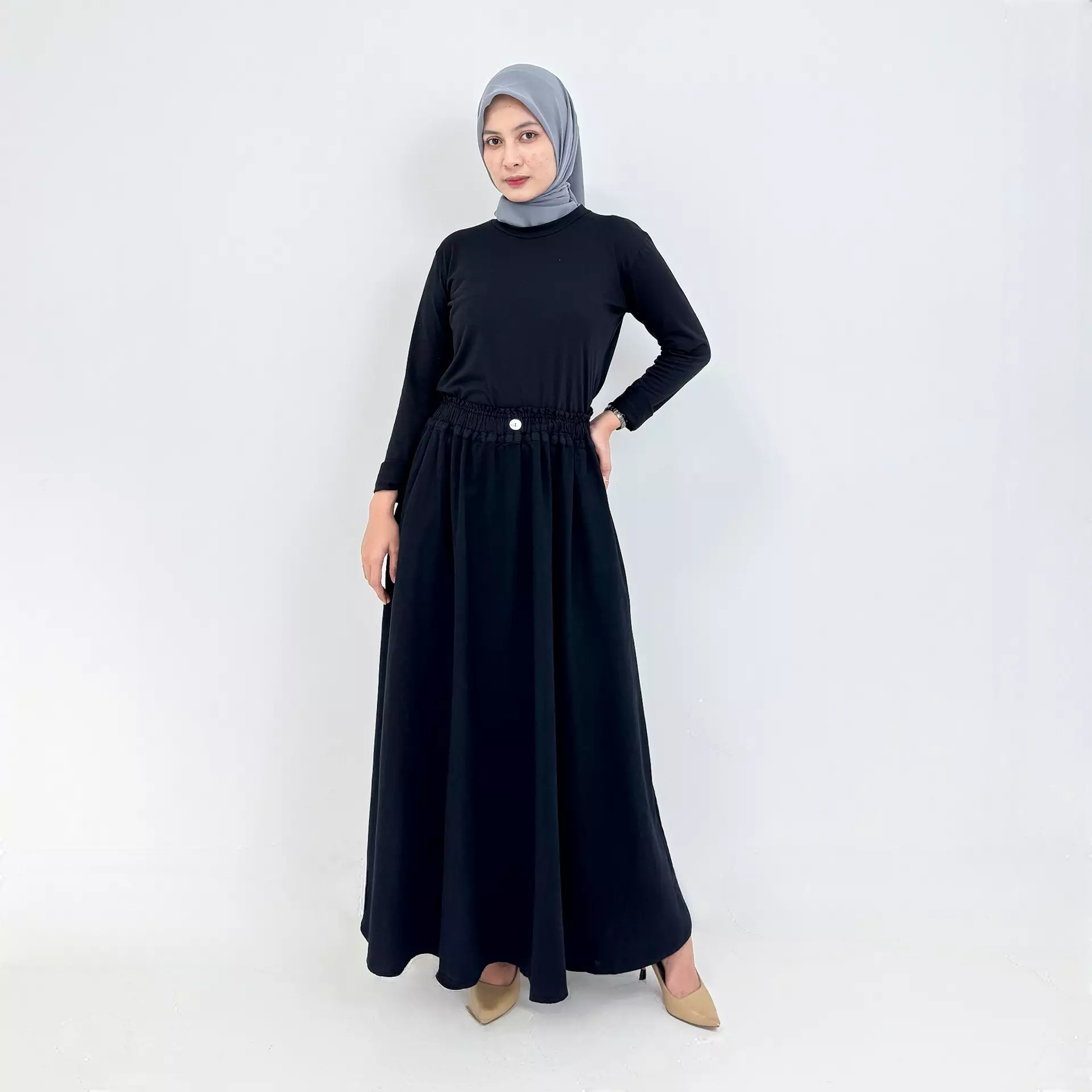 Calista Denim Skirt (HITAM) Rok Panjang Jeans Wanita A-Line