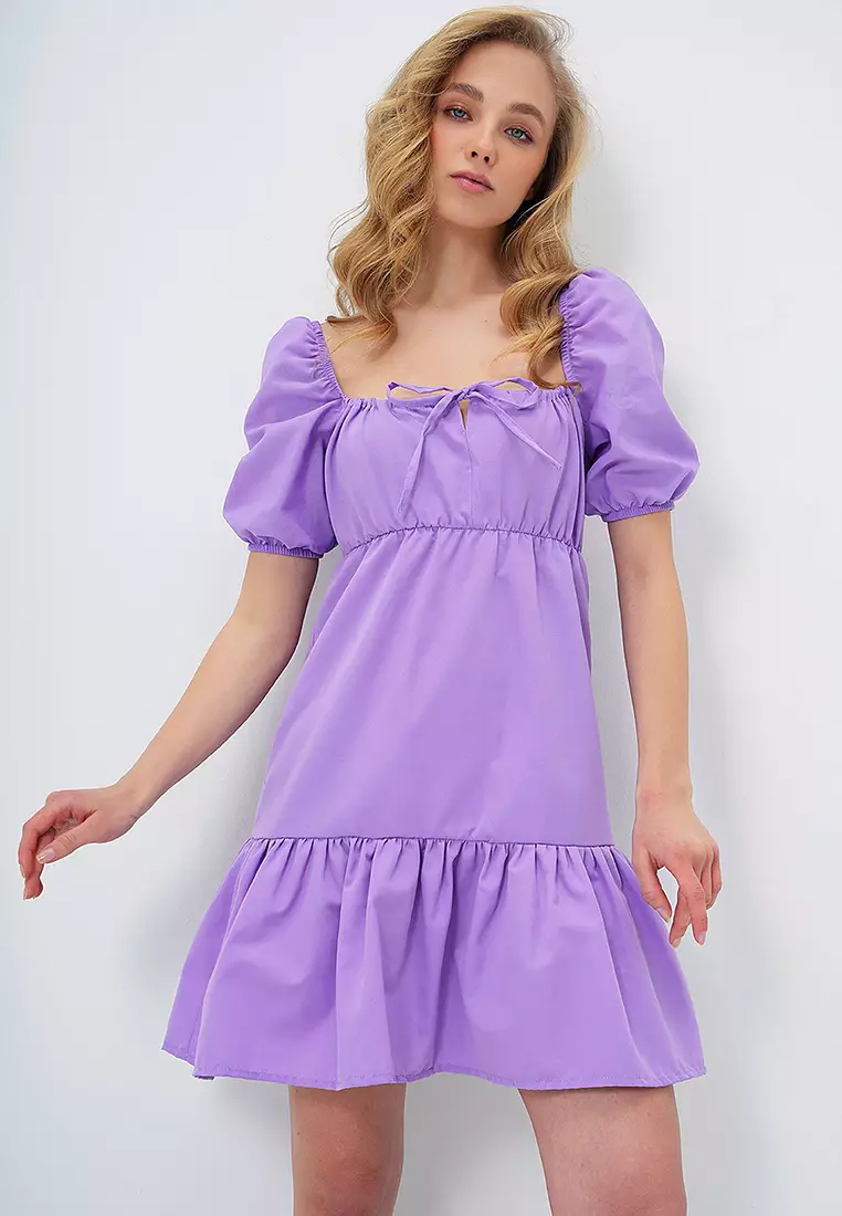 Women's Lilac Square Neck Balloon Sleeve Poplin Mini Dress Alc-X13594