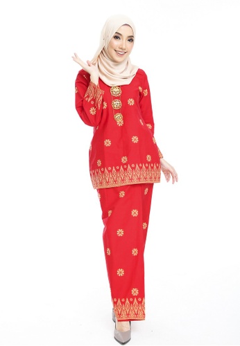 Buy Cotton Modern Kurung With Songket Print (Tabur) from Kasih in Red and Yellow only 199