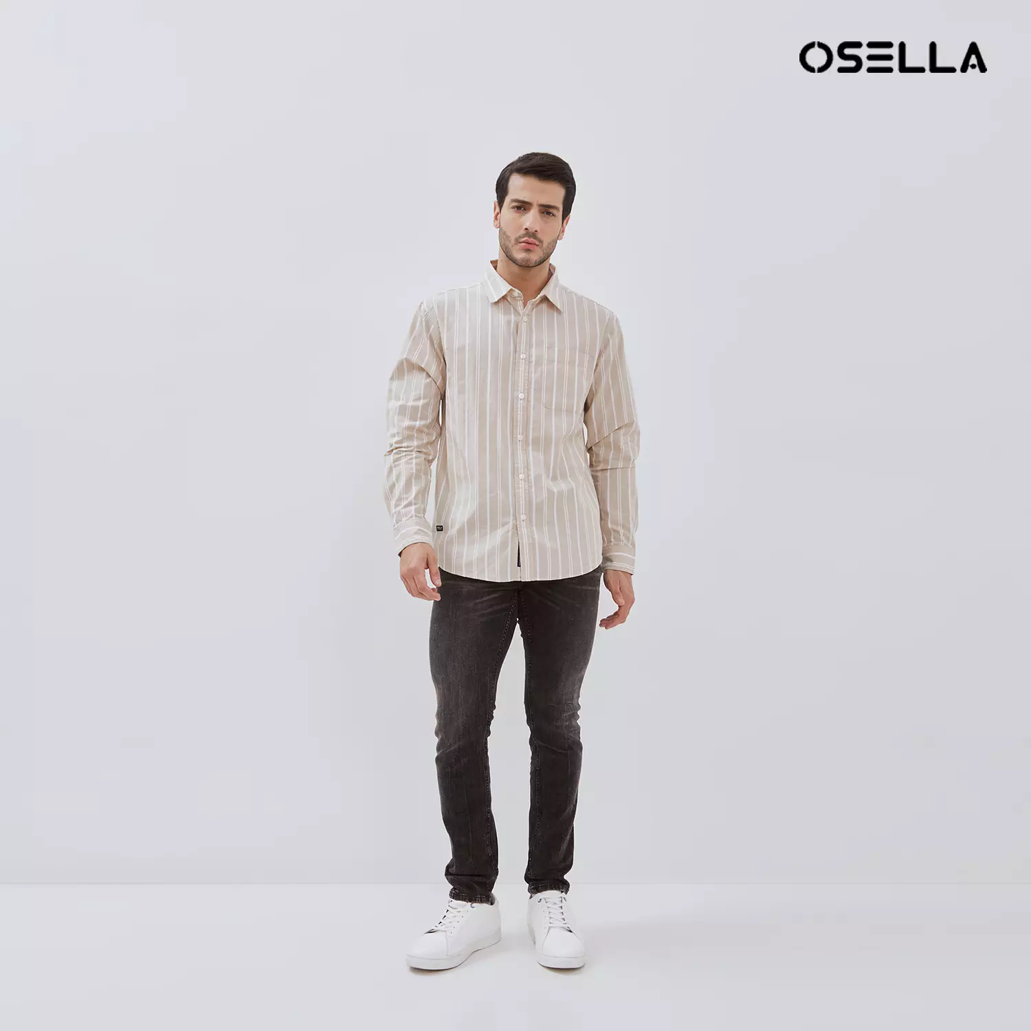 Osella Striped Pattern Regular Fit Collared Shirt In Light Beige And White 2037501238 | Kemeja Pria Lengan Panjang