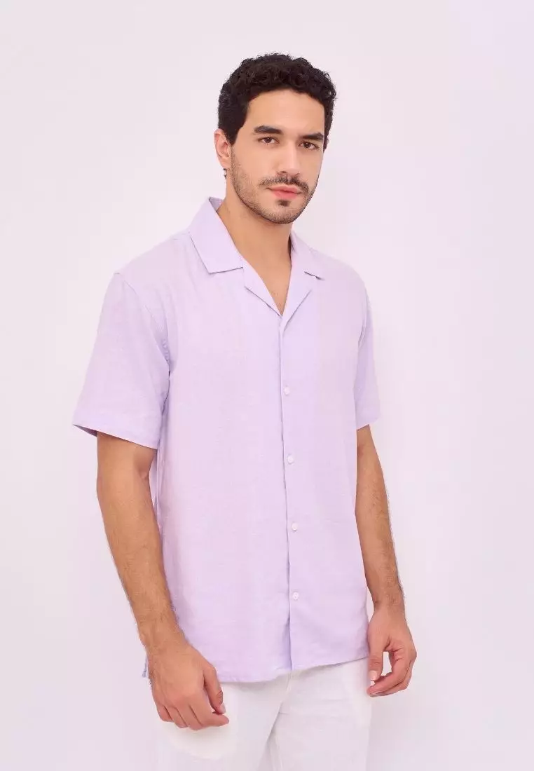 Acadia Kemeja Linen Lengan Pendek Pria Ungu Muda | Linen Short Sleeve Shirt Men Lilac