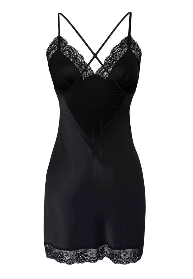 Black Lace And Slit Detail Strap Satin Nightgown