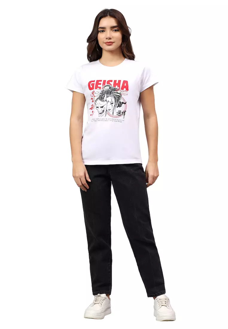 女款艺伎图案白色棉质常规版型T恤/T恤，短袖，圆领