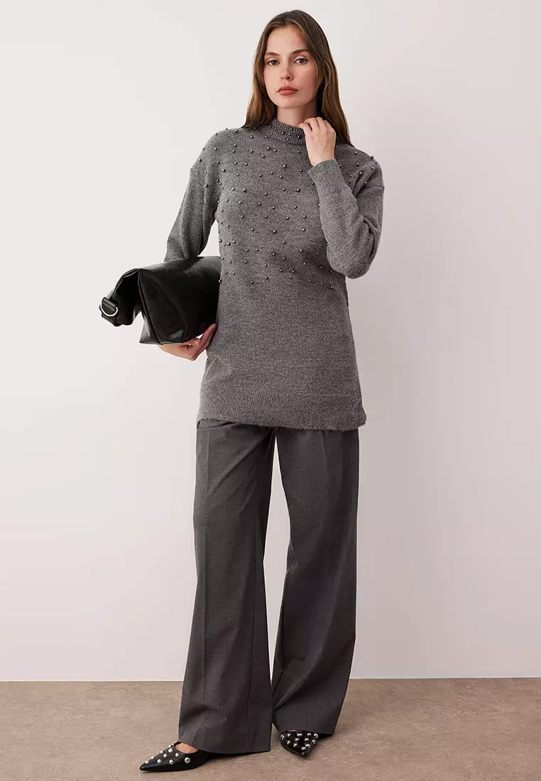 Metal Pearls Detailed Knitted Sweater