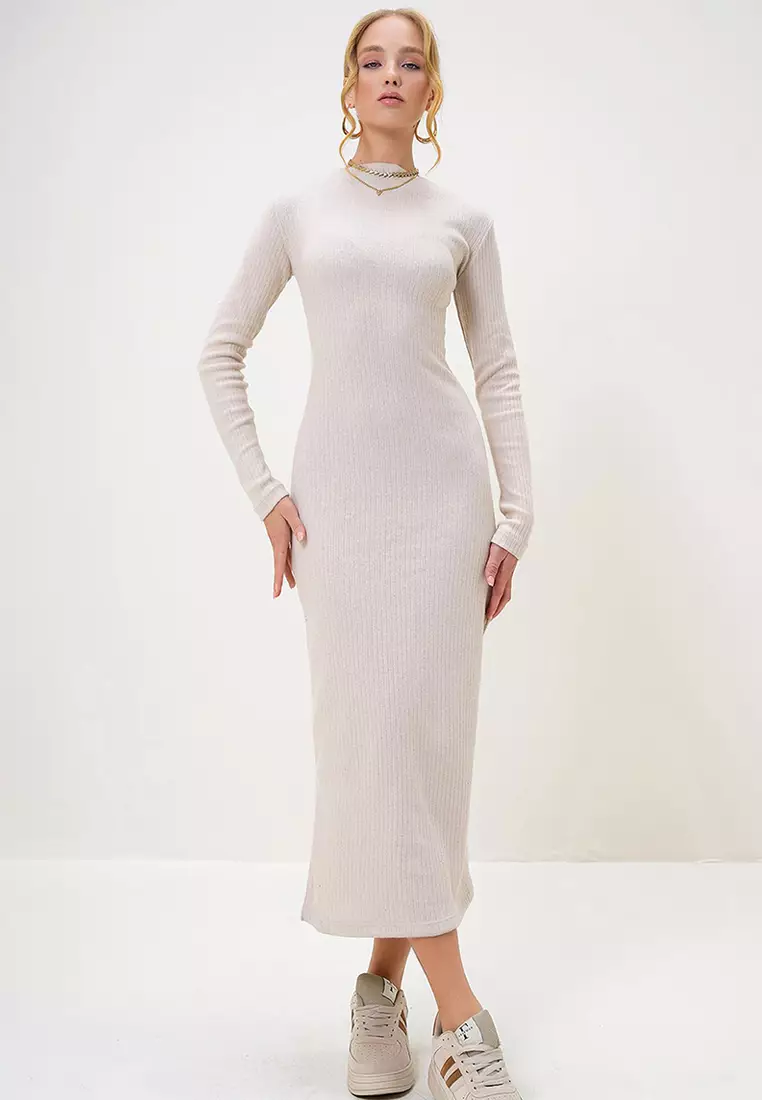 Crew Neck Long Sleeve Interlock Fabric Midi Length Dress