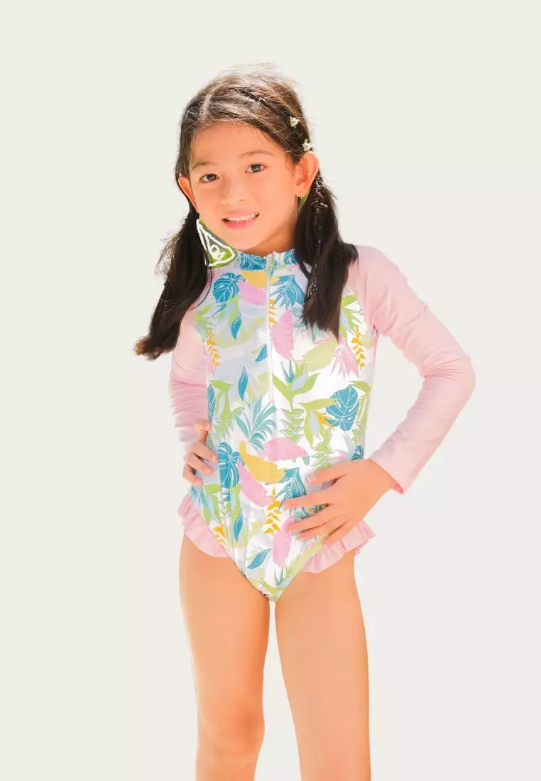 Pink Palms, Long Sleeve Swimsuit For Girls