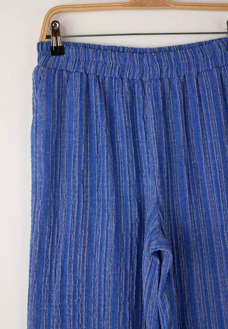 Blue Elastic Waist Textured Trousers