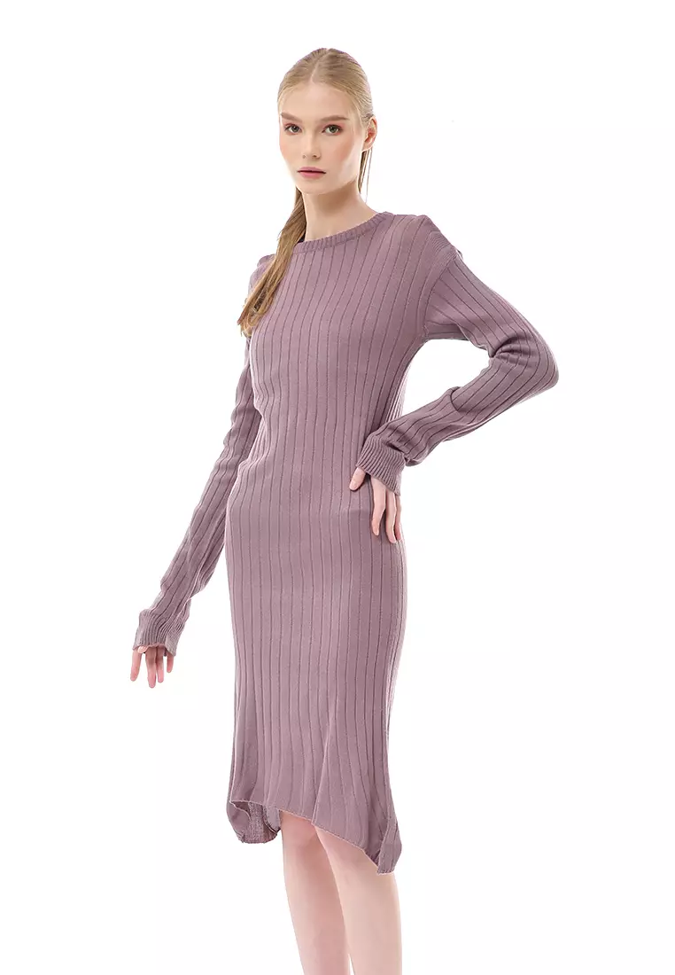 Adela Dress Rajut Tunik Wanita Motif Polos Long Sleeve Relaxed Fit - Burgundy