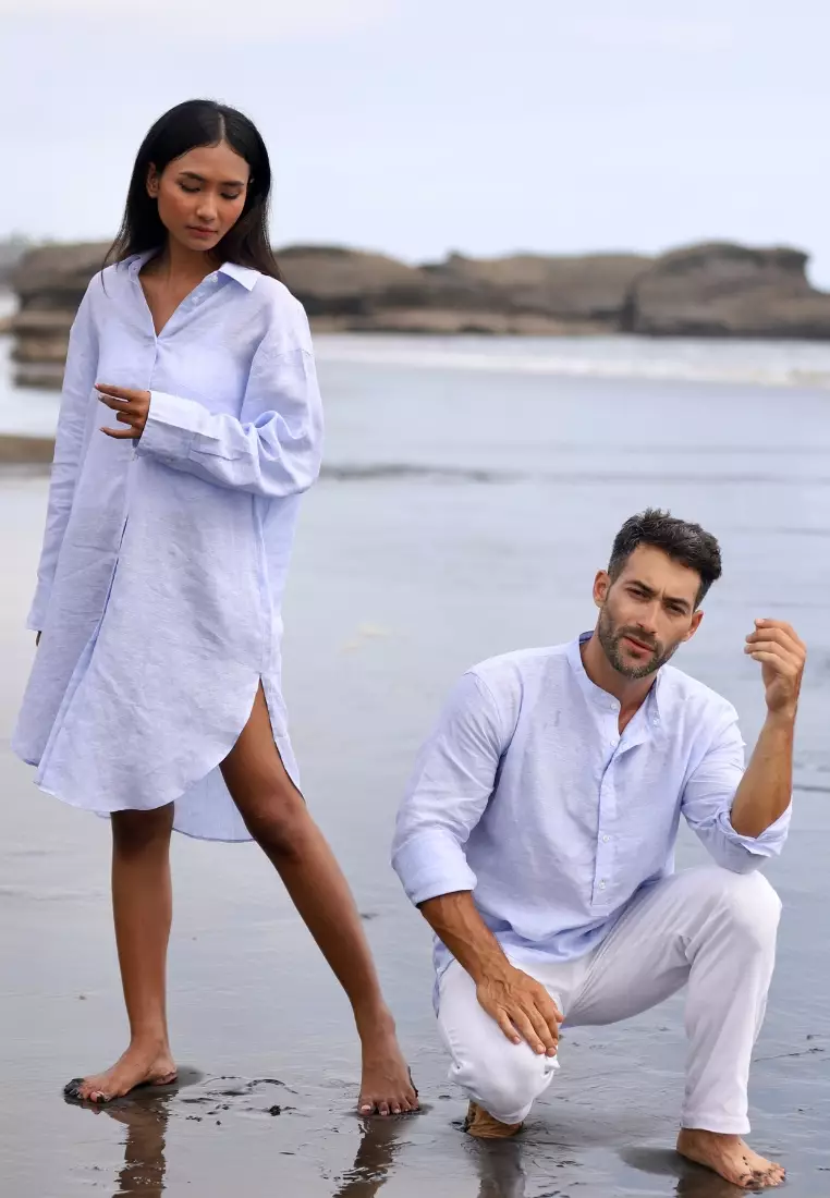 Side Kemeja Linen Oversize Lengan Panjang Wanita Biru | Oversize Linen  Long Sleeve Shirt Women Blue