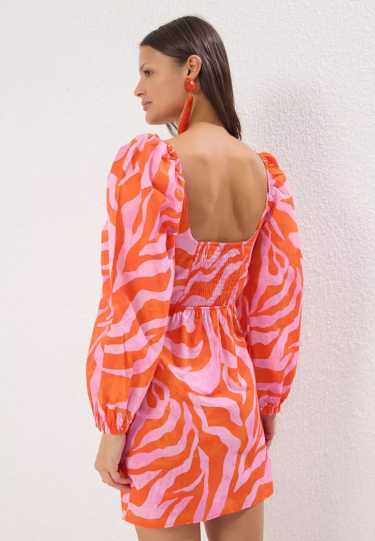 Beachwear Abstract Patterned Mini Woven Cut Out/Window 100% Cotton Beach Dress TBESS23EL00175