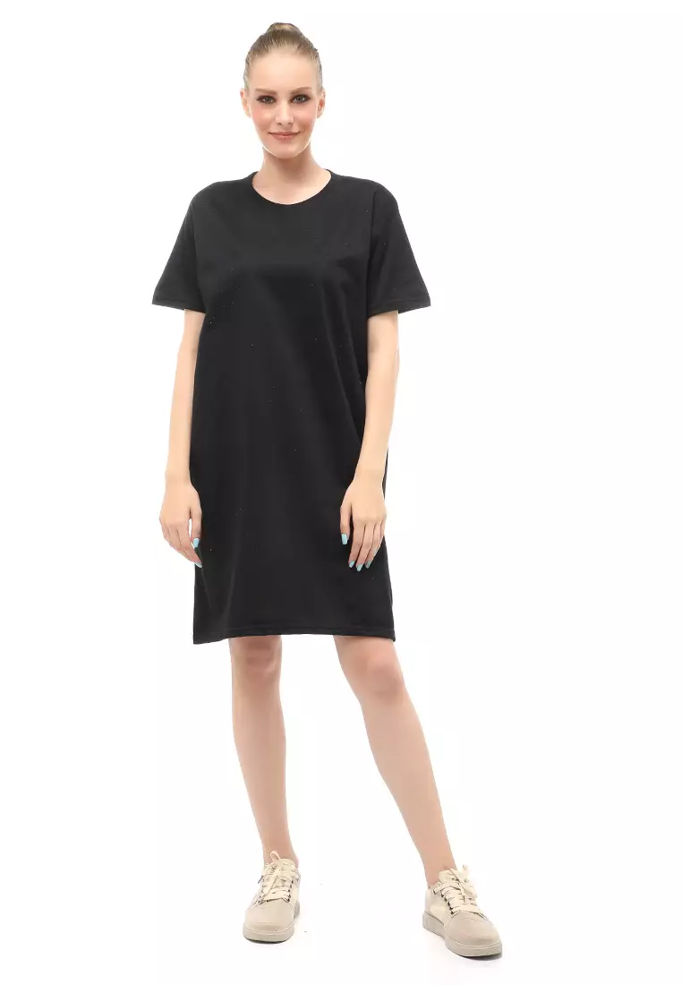 Finch Midi Dress Wanita Short Sleeves Motif Polos - Hitam