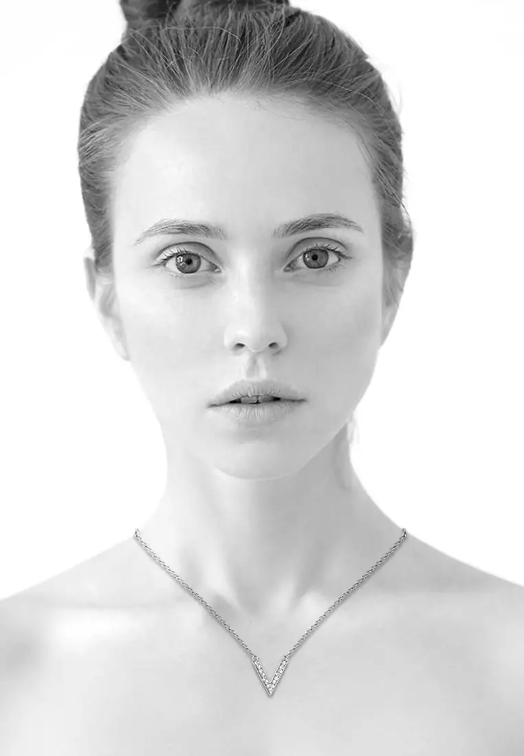 Luxury V Shaped Pendant Necklace in White Gold Embellished with SWAROVSKI® Crystals