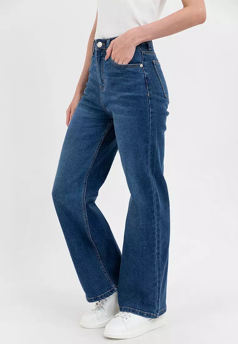Ladies Wide Leg Denim Jeans Medium Blue