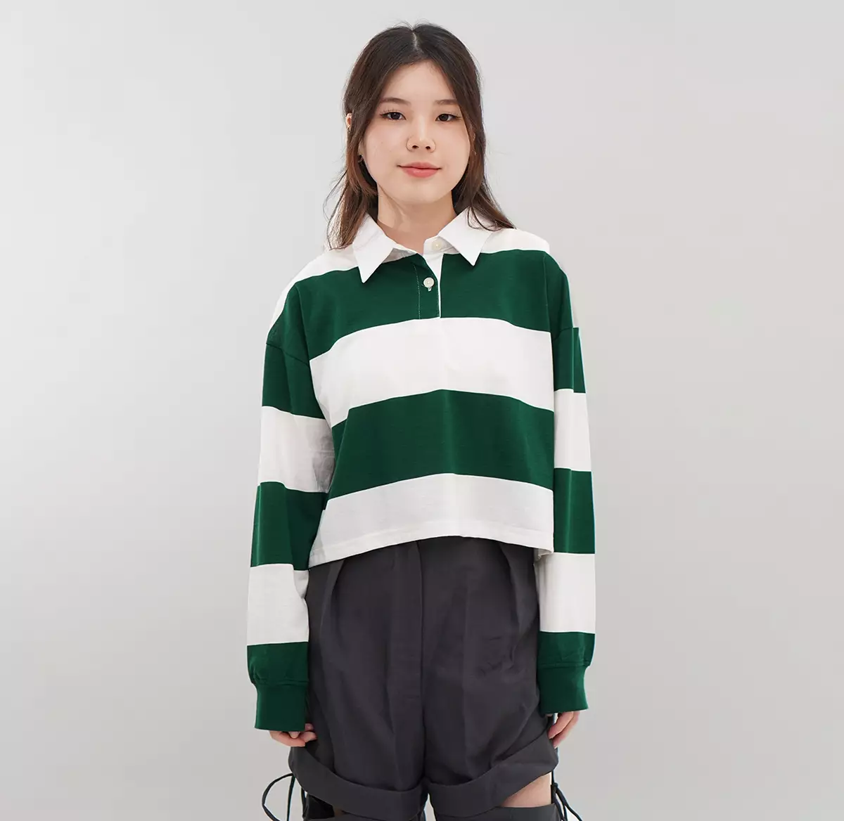 Matsuda Polo Rugby Crop top katun Emika Green Off white