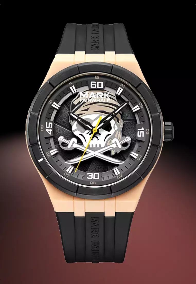 Unisex Rotating Pirate Skull Quartz Watch, Black Rubber Strap