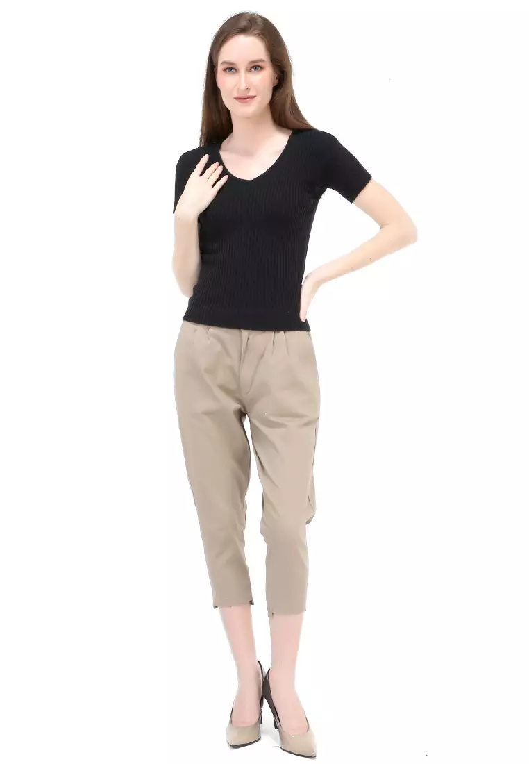 Amora Vneck Rajut Short Sleeves Atasan Casual Wanita - Black