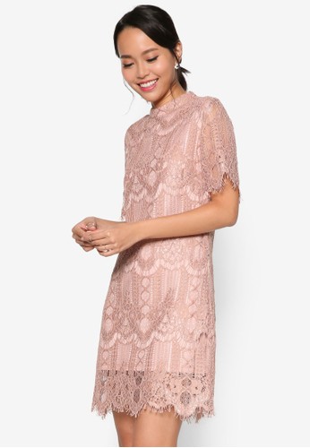 寬短袖高領蕾絲直筒連身裙, 服飾,esprit outlet 香港 洋裝