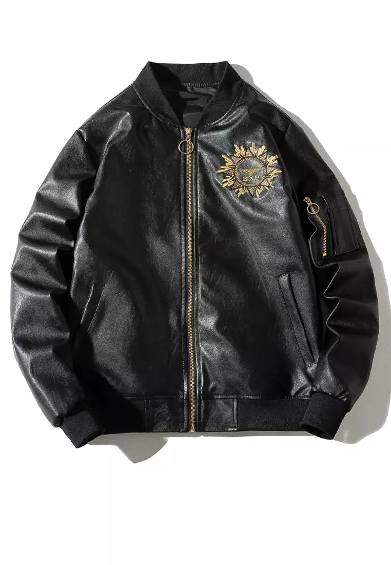 Black leather clearance baseball jacket