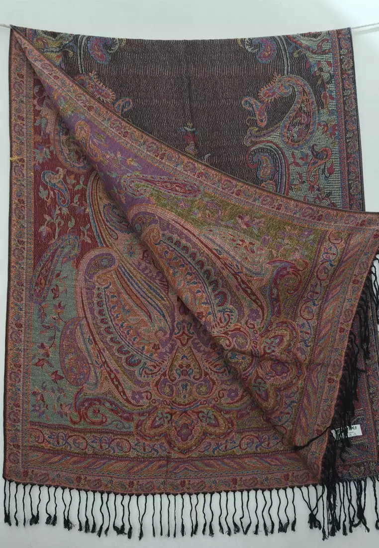 Hijab Pashmina Wanita Reversible Viscose Paisley Full  Pattern Pashmina Shawl Syal Wanita Black & Multi