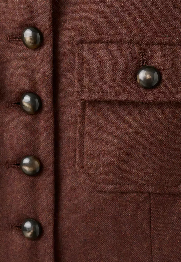 Wool Jacket with Band Collar and Pockets