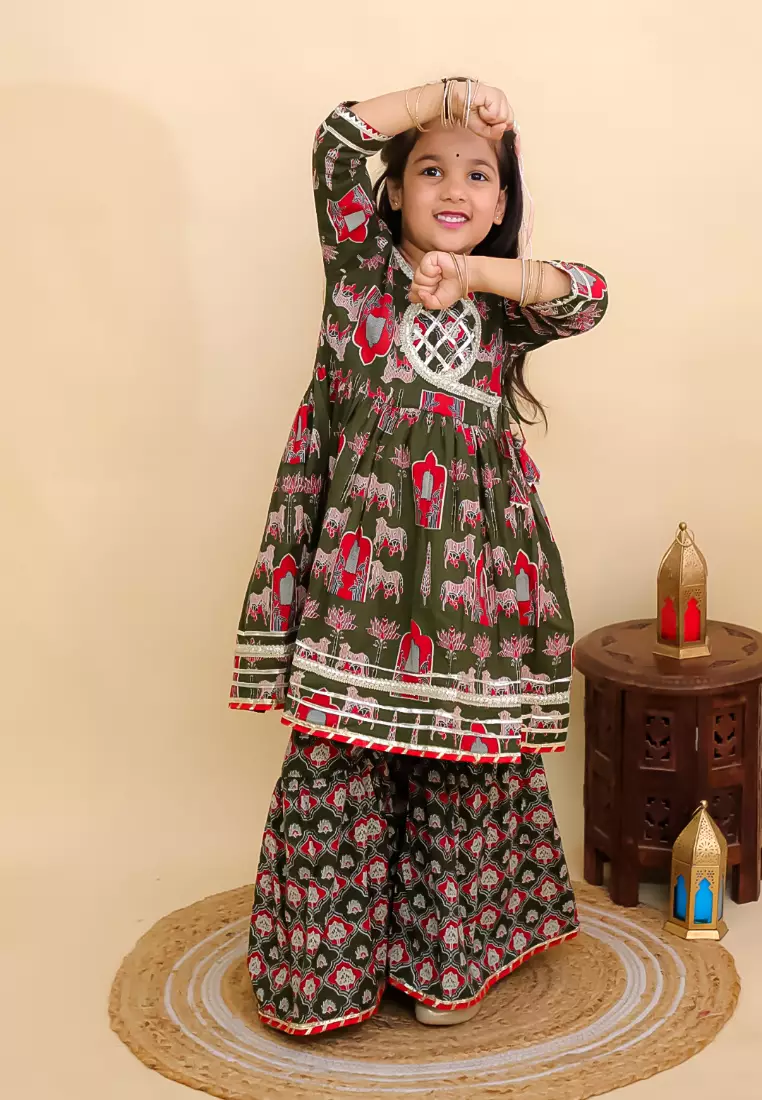 The Mom Store Girls Madhu Mala Anarkali Kurta Sharara Set - Green