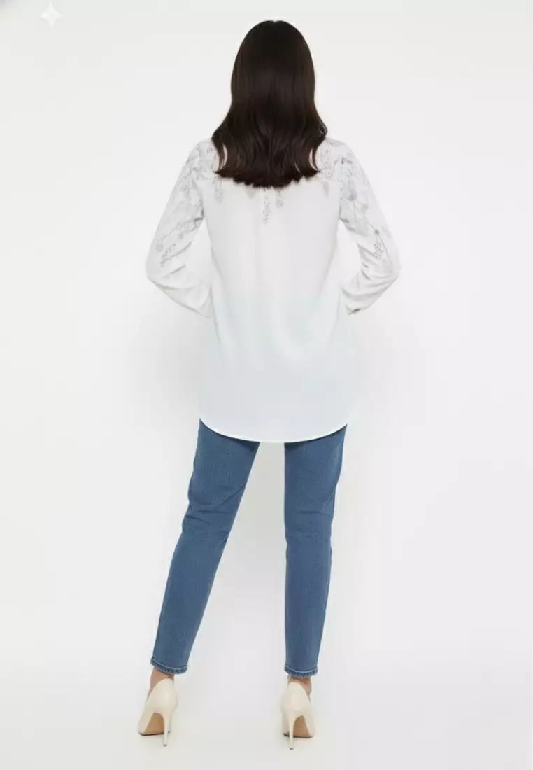 Shirt Flower White Gardernia Long Sleeve Cotton Silk Casual Daily Look By Brilliant Girl Warna Putih