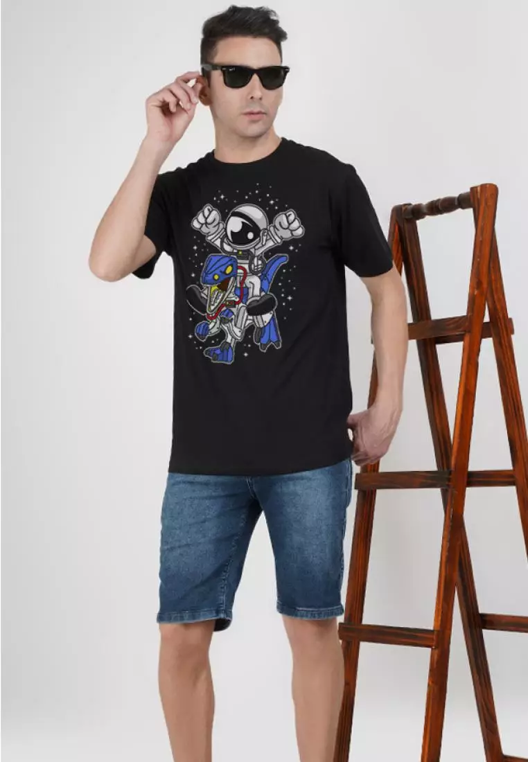 Astronaut Dino Black Cotton Blend Short Sleeve Essential T-Shirt