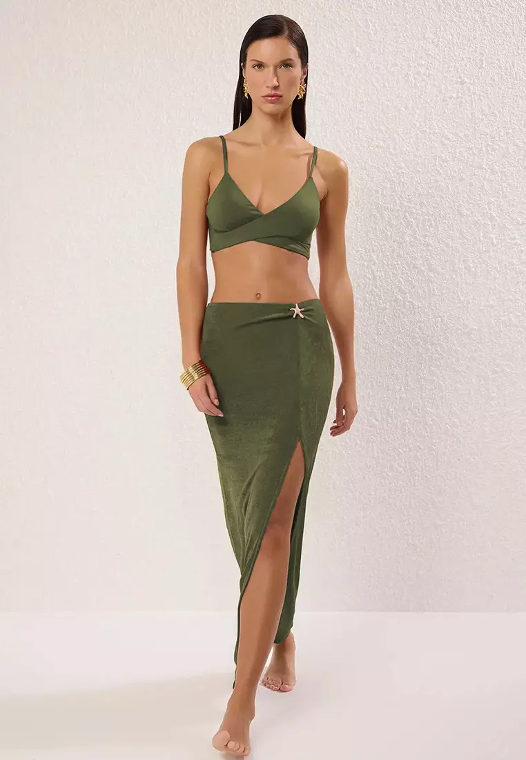 Khaki Maxi Knitted Premium Star Accessory Beach Skirt Tbess25Et00000