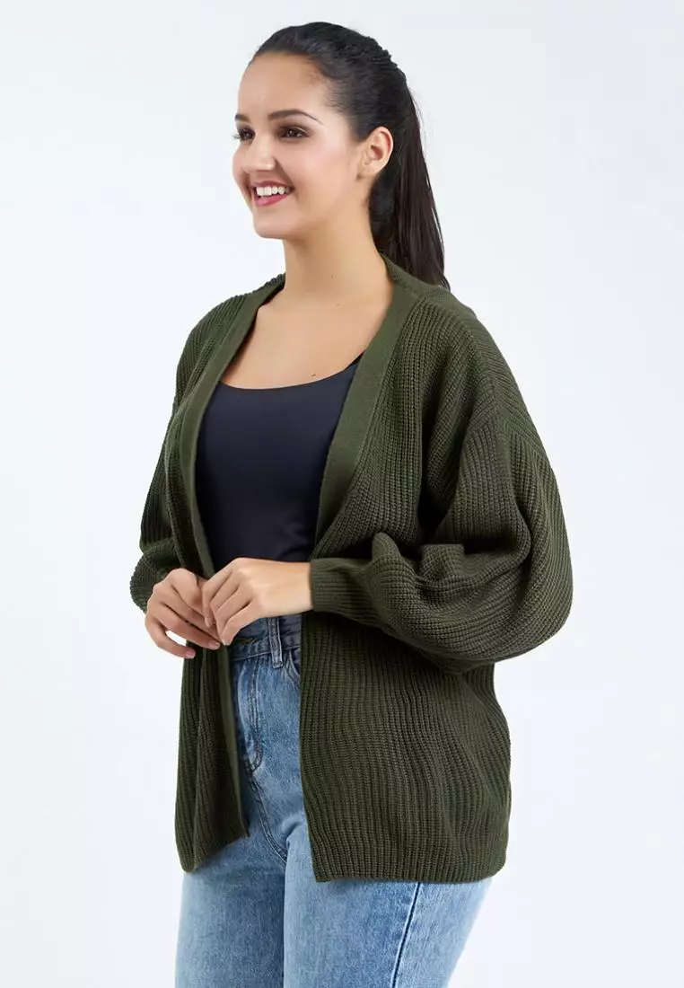Balloon Sleeve Knit Cardigan in Green