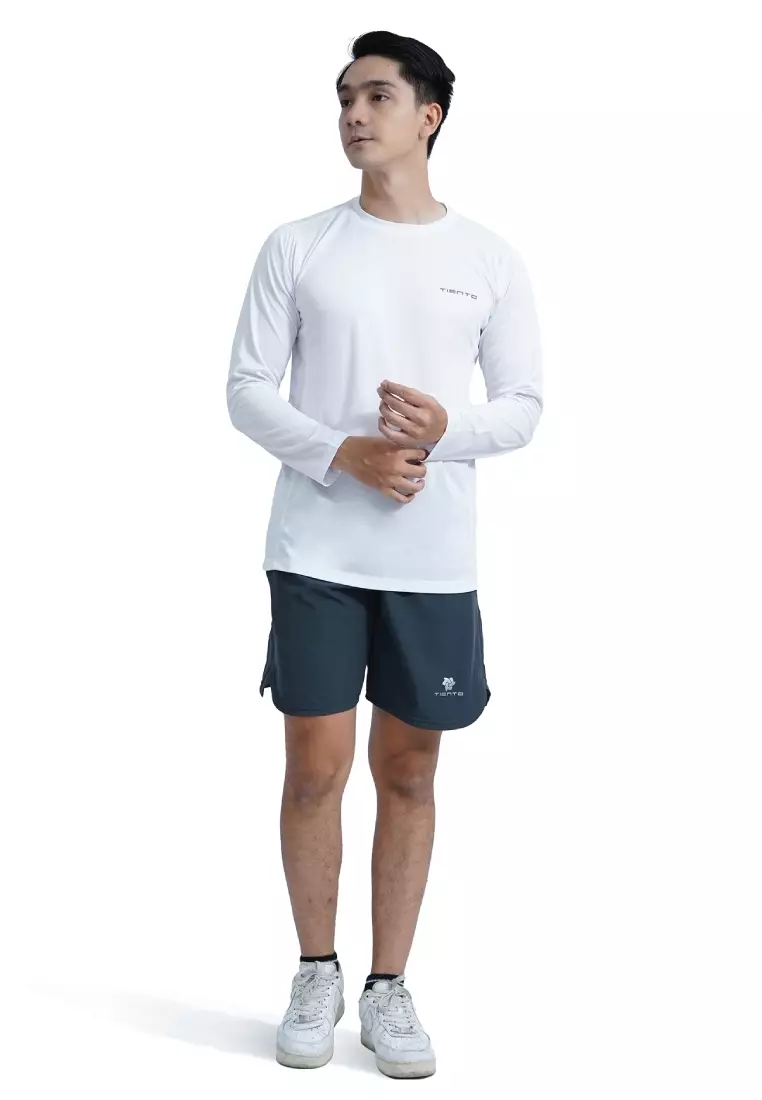 Tiento Kaos Running Dry Fit Lengan Panjang Baju Olahraga Pria Lari Gym Fitness White