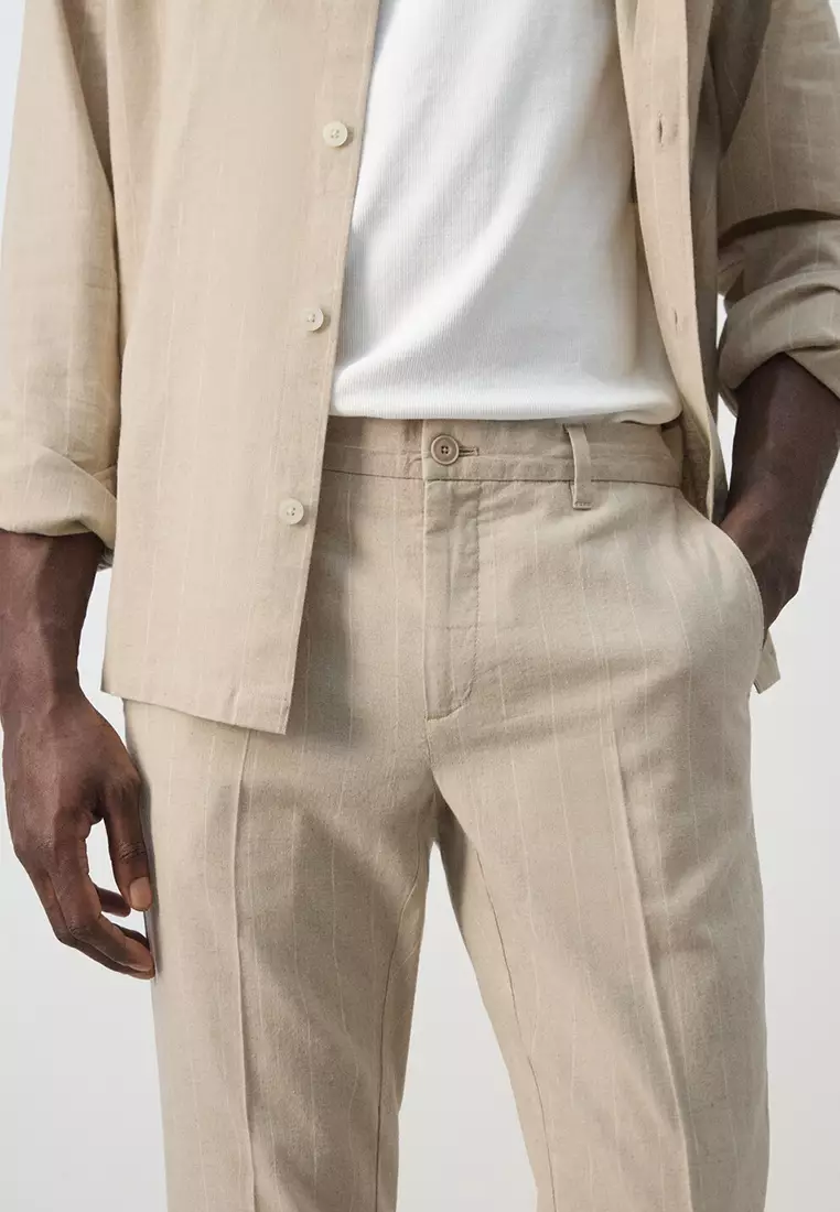 修身剪裁間條長褲