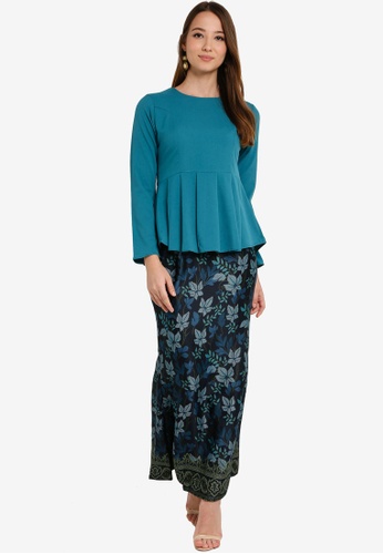 Box Pleat Peplum Kurung from Aqeela Muslimah Wear in Blue