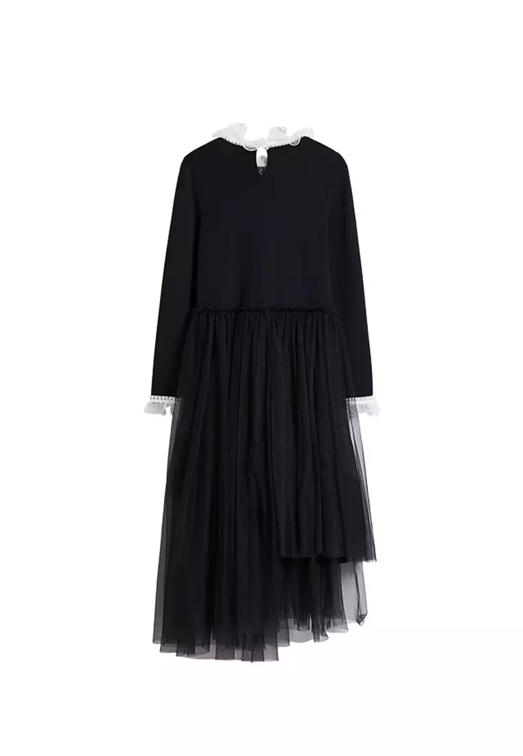 Asymmetric Mesh Spliced Knit Midi Dress