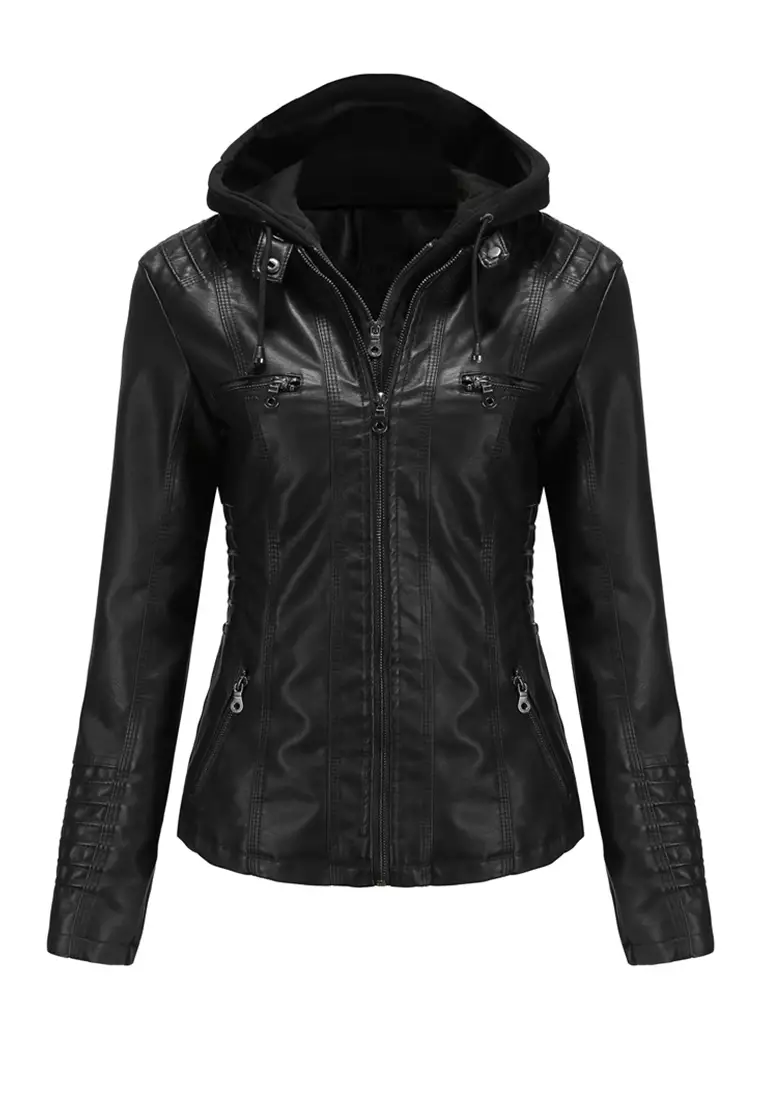 Hooded faux on sale leather jacket womens