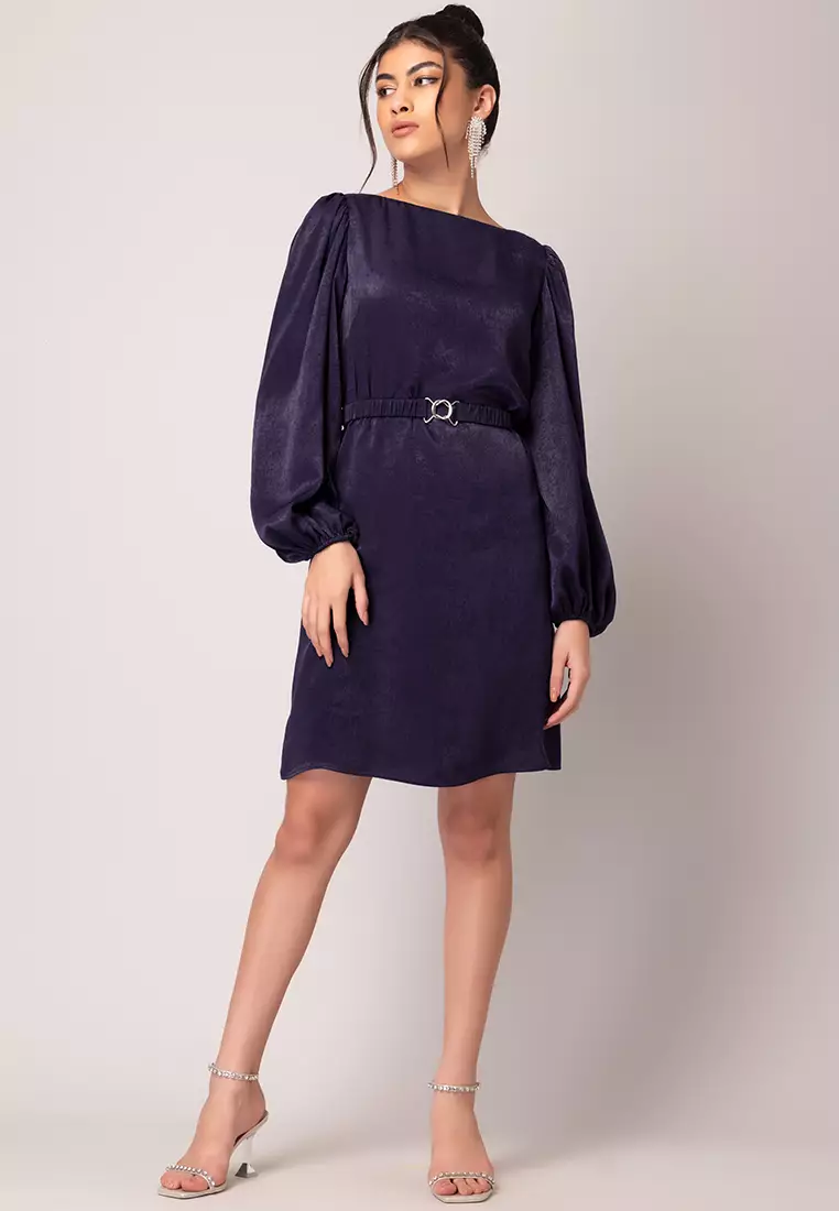 Purple Shift Dress With Buckled Belt