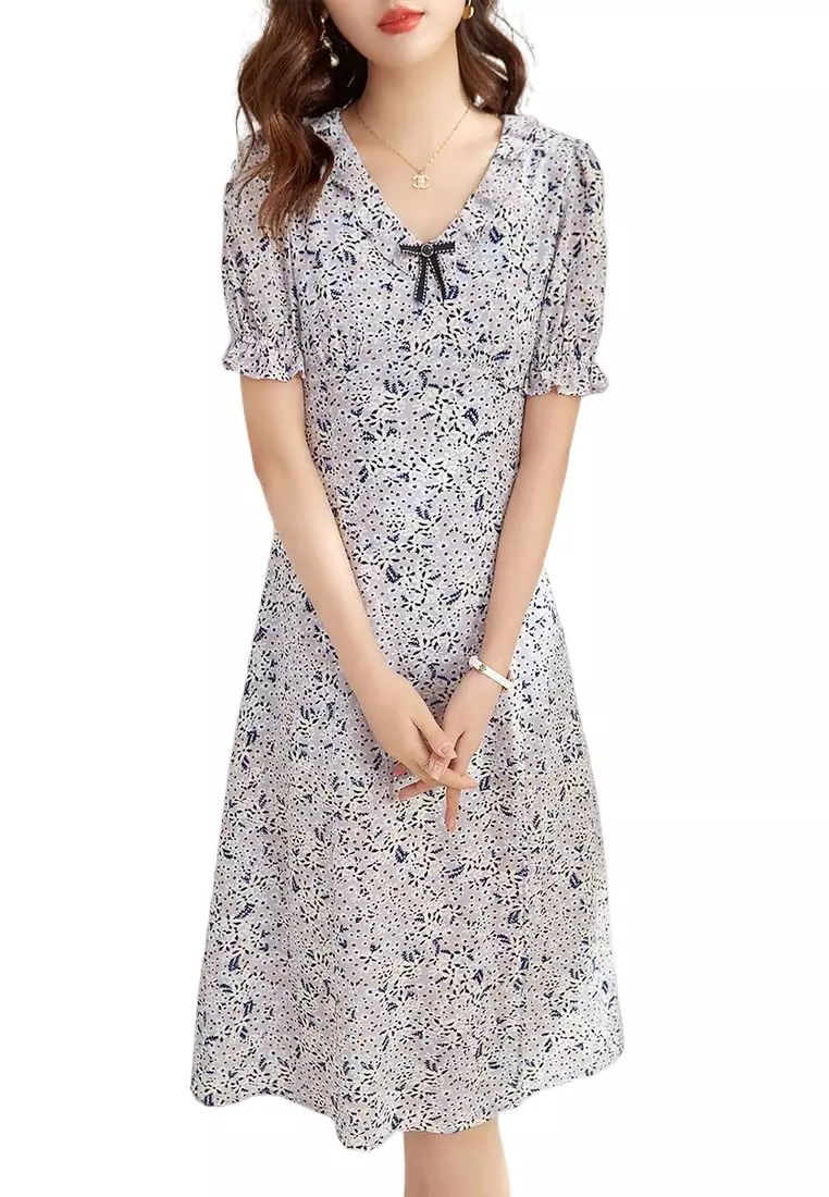 Buy OUNIXUE Elegant V Neck Floral Dress 2024 Online ZALORA Singapore