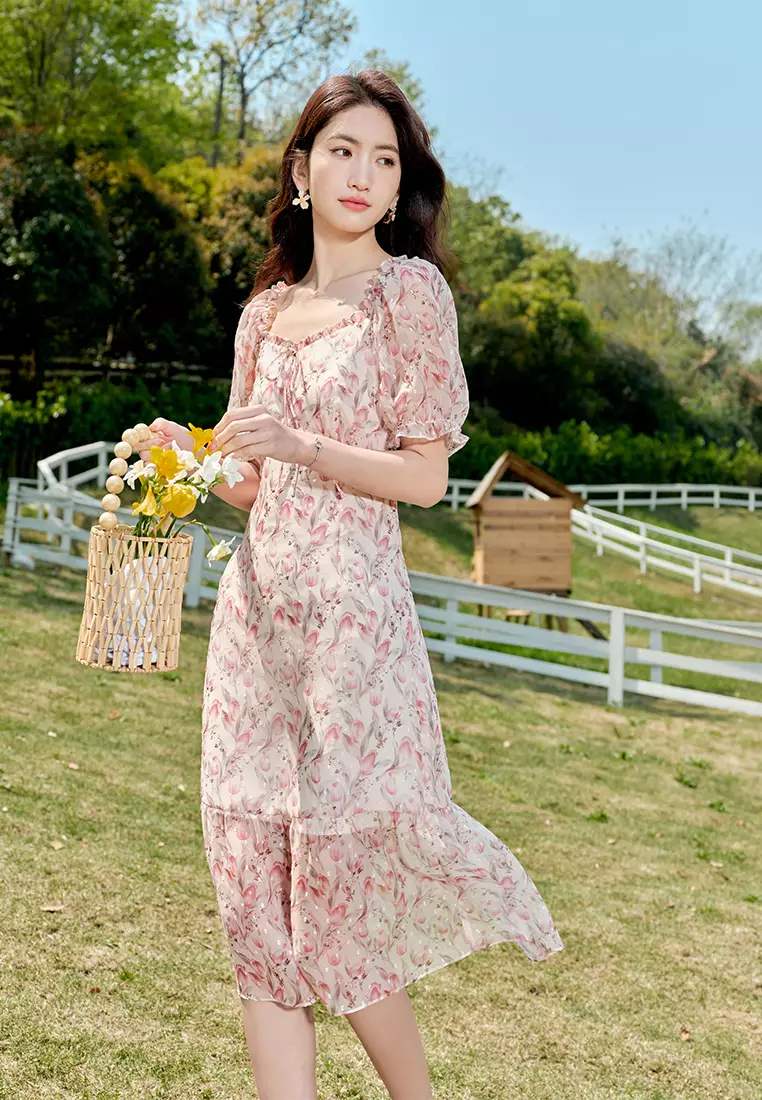 Buy Hopeshow Summer Floral Picnic Dress with Ruffled Sleeve and Collar ...