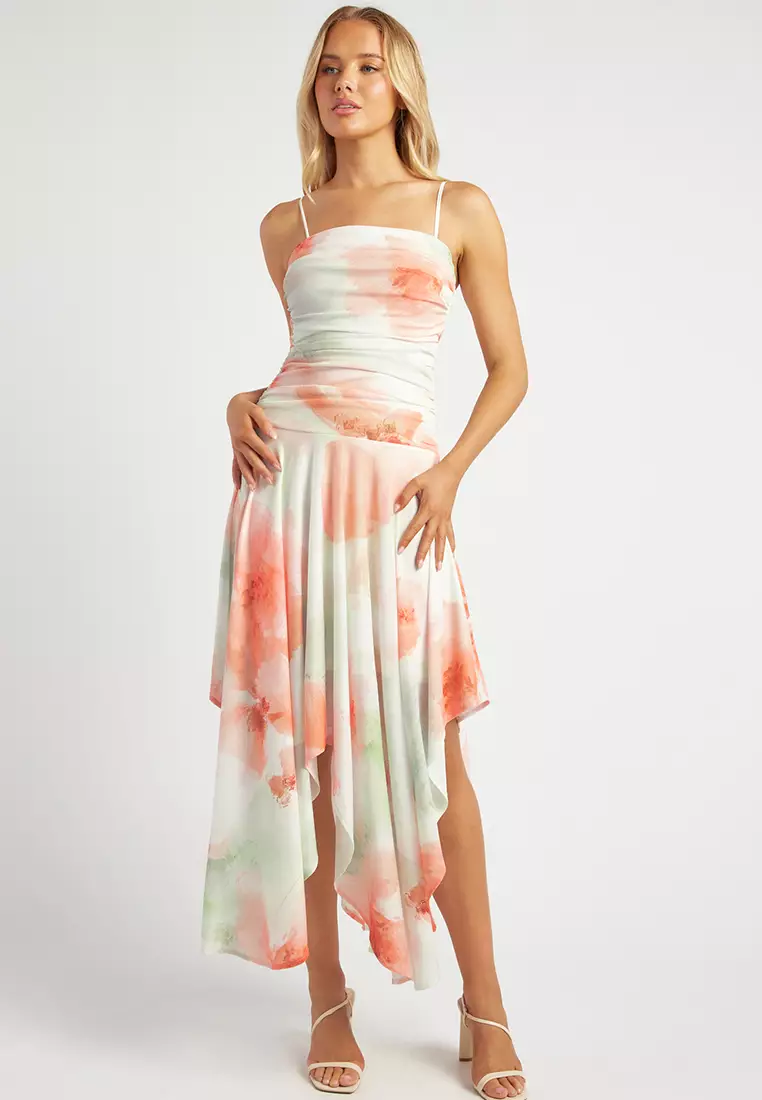 Ruched Bodice Handkerchief Hem Dress